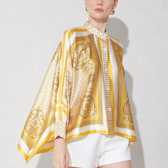 Yellow Women's Casual Color Block Print Design Long Sleeve Loose Fit Blouse - Picture 3 of 6